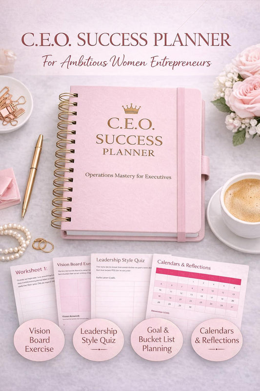 a pink notebook with the title "CEO. SUCCESS PLANNER" and various planners and stationery items arranged around it, including a cup of coffee, a pen, and a bouquet of flowers.