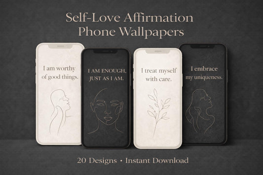 four smartphones with motivational quotes and illustrations on their screens, promoting self-love and self-care.